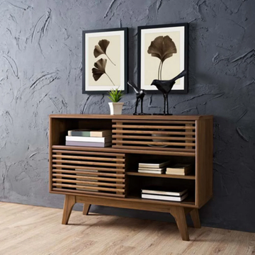 Render Display Stand - Modern Walnut Finish Particleboard Wood Shelving Unit for Stylish Home Storage