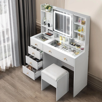 GlowGlam Vanity Desk - 47.2'' Makeup Table with 3 Color Lights, USB Charging, Hidden Storage & Drawers