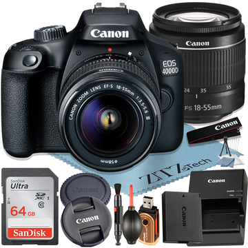 Canon EOS 4000D Rebel T100 DSLR Bundle - EF-S 18-55mm Lens, Sandisk 64GB Card, Photography Kit