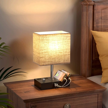 CozyGlow Bedside Lamp - Dimmable Fabric Nightstand Light with USB Ports & Phone Stands