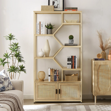 NaturalWood 7-Tier Rattan Bookshelf - Stylish Display & Storage Shelf for Living Room & Office
