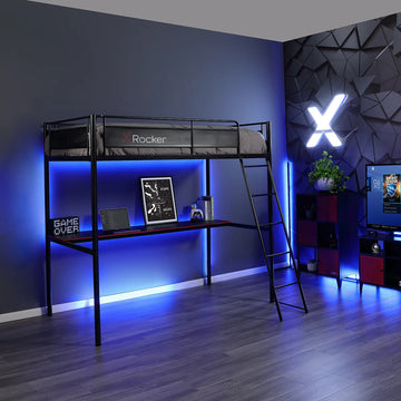 NightGlow HQ Gaming Bunk Bed with LED Lights – Black, Twin Size, Ultimate Gaming Experience