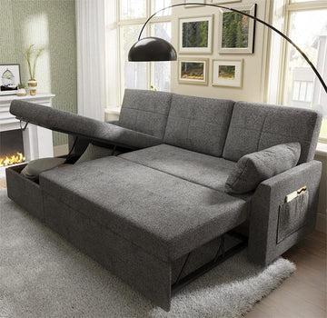 ChicSleep Sofa Bed - Sleeper Sofa with Storage Chaise & Pull-Out Couch in Gray Chenille
