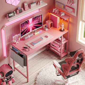 PixelGlow Gaming Desk - 52 Inch with LED Lights & Shelves in Pink