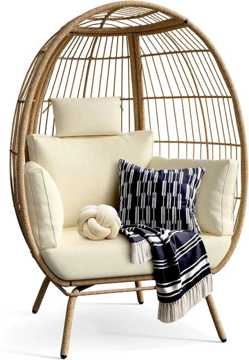 CozyNest Wicker Egg Chair - Oversized Lounger with Stand & Cushions for Outdoor Patio