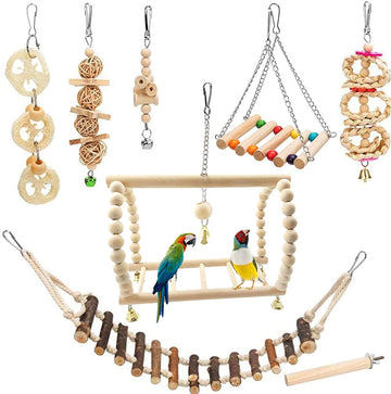 ParrotPal 8-Piece Extra Large Wooden Bird Toys Set – Swing & Chewing Toys for Parakeets & Parrots