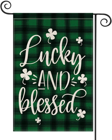 Lucky and Blessed Shamrock St. Patrick'S Day Garden Flag 12.5 X 18 Inch Watercolor Buffalo Plaid, Patricks Day Decoration