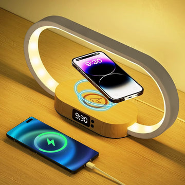 Wooden Usb Bedside Lamp Dimmable Modern Night Light with 15W Fast Wireless Charger