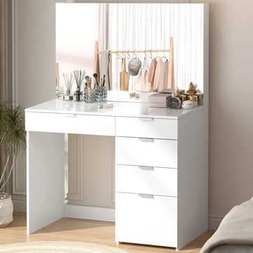 Elegance Vanity Desk with Spacious Mirror & 5 Drawers - White for Bedroom or Dressing Room
