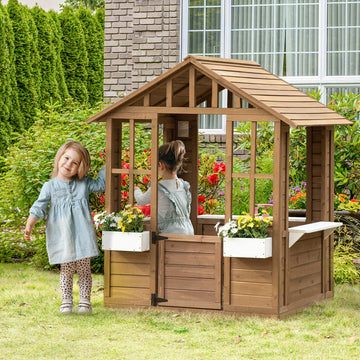 SunnyPlay Kids Outdoor Playhouse with Doors & Windows - Brown Wooden Garden Playhouse
