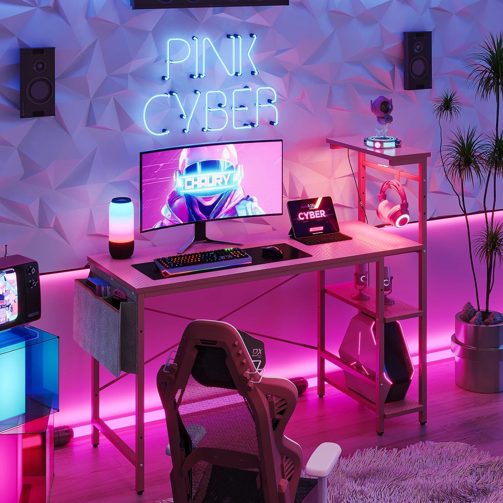 PixelGlow Gaming Desk - 52 Inch with LED Lights & Shelves in Pink