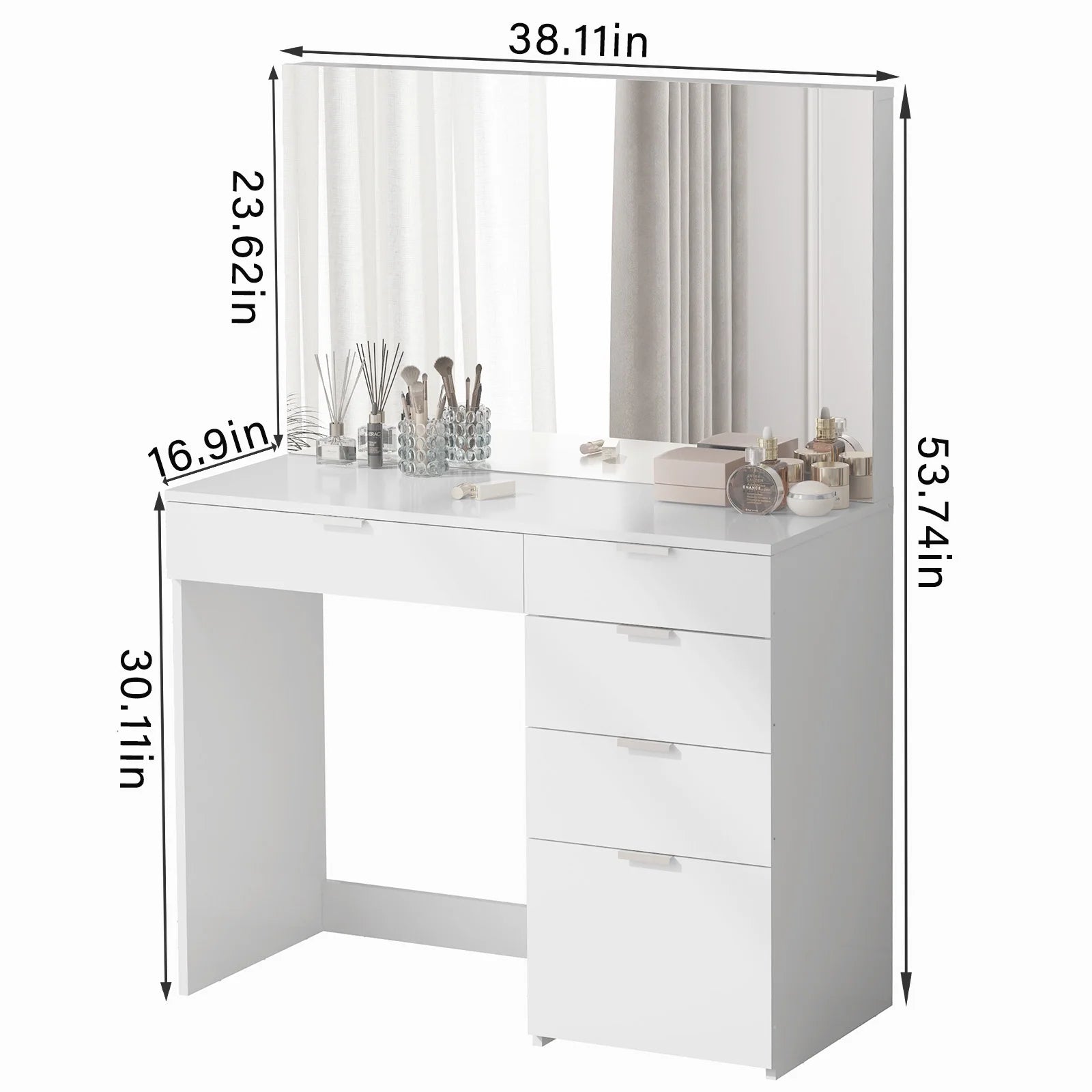 Elegance Vanity Desk with Spacious Mirror & 5 Drawers - White for Bedroom or Dressing Room