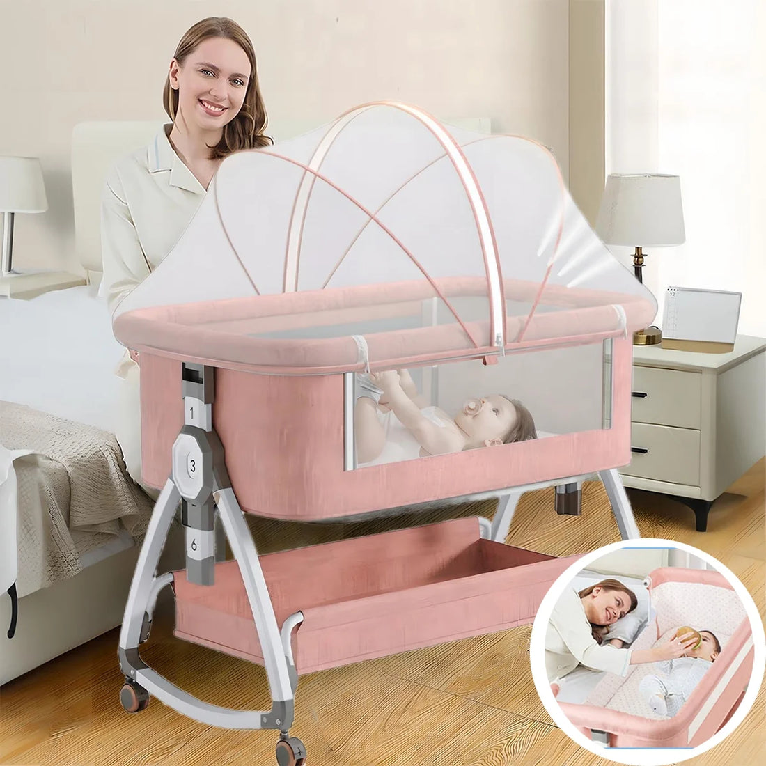 CozyNest Folding Baby Bassinet - Portable Travel Crib with Wheels, Pink
