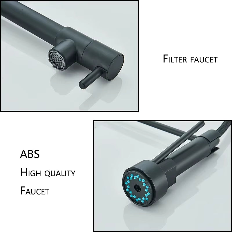 Black Kitchen Sink Faucet Pull down Hot and Cold Water Mixer2 Mode Tap with Dual Spout 360 Rotation Flexible Deck Mounted