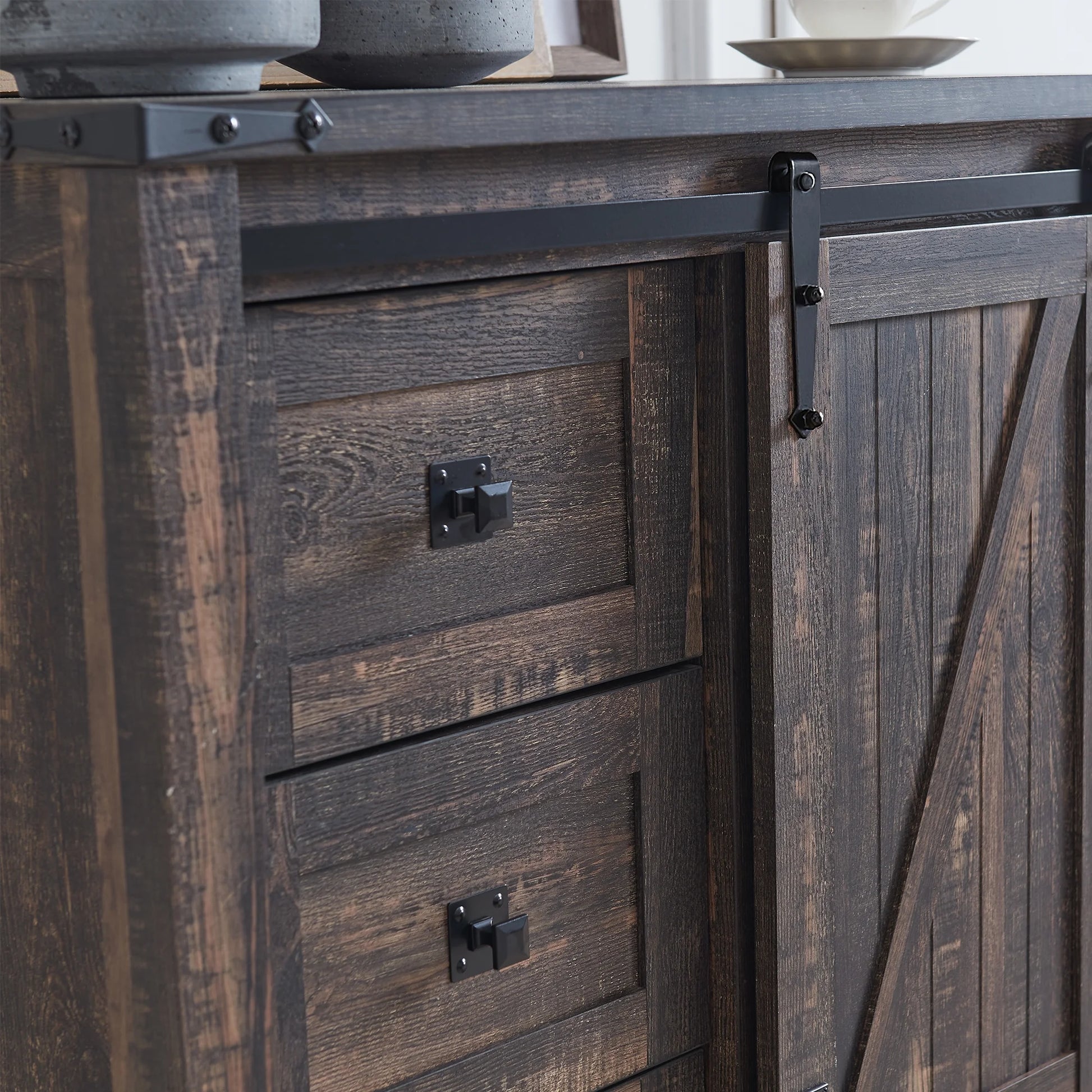 Rustic Charm 5-Drawer Dresser - Farmhouse Barn Door Storage Cabinet for Bedroom or Living Room
