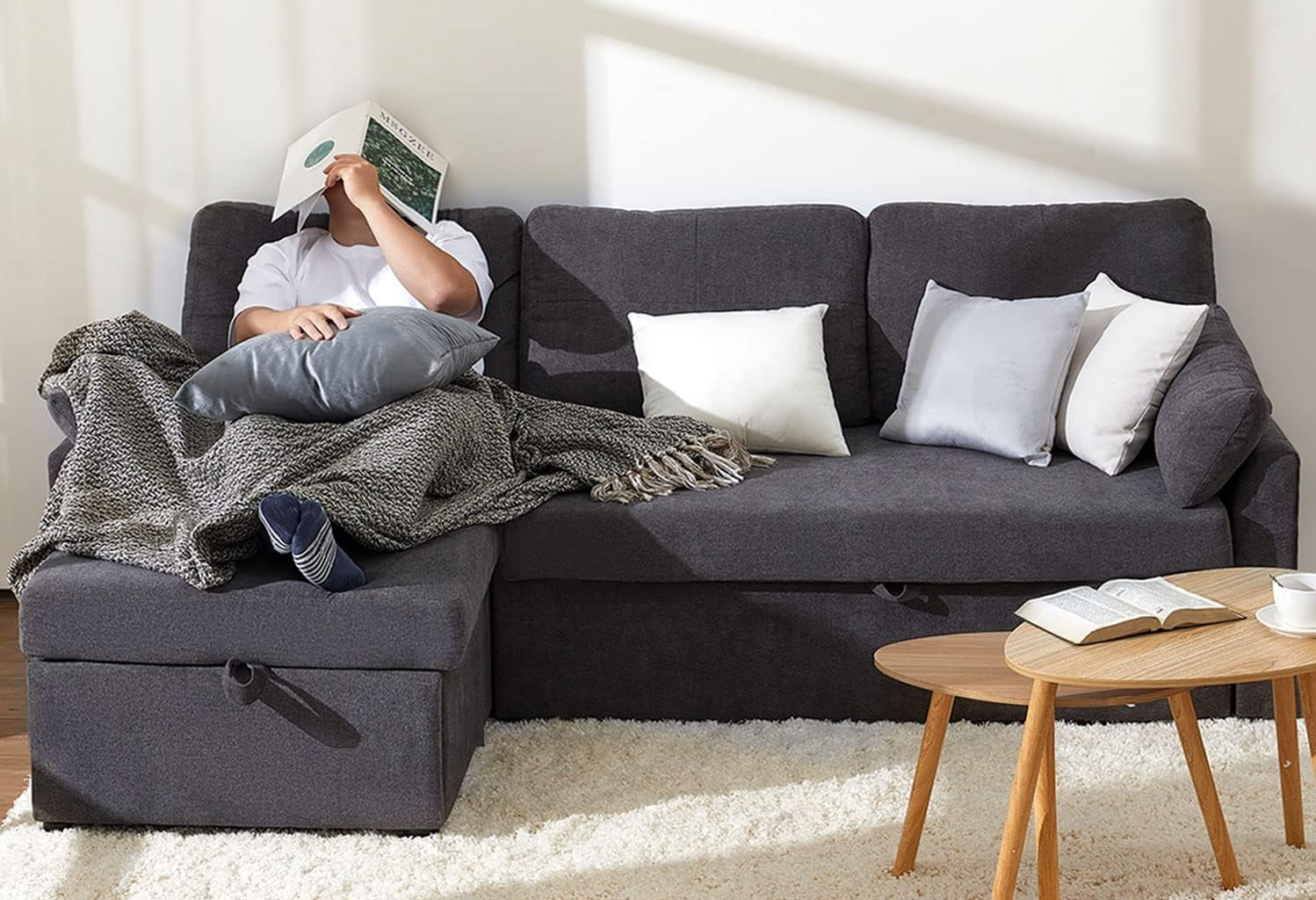 ChicSleep Sofa Bed - Sleeper Sofa with Storage Chaise & Pull-Out Couch in Gray Chenille