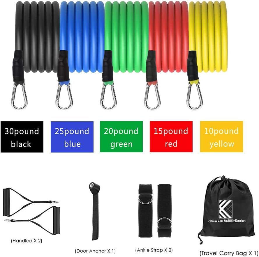 Resistance Bands Sets (11Pcs), Workout Equipment, Exercise Bands for Home Gym with Handles, Door Anchor, Ankle Straps, Carrying Bag for Workout Set - Fitness Bands for Men and Women