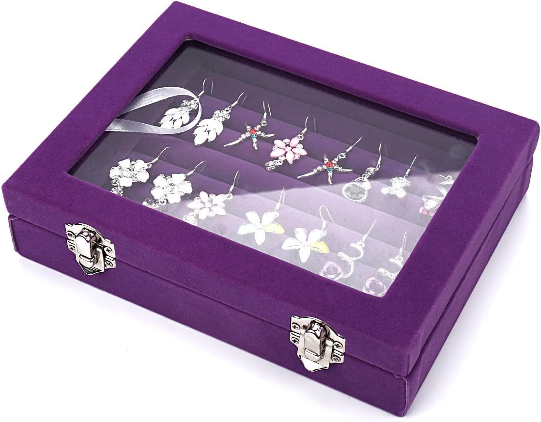 Velvet Glass Ring Jewelery Display Storage Box Tray Case Holder Earring Organizer Stand (Purple)