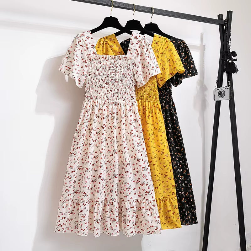 Spring Summer Chiffon Dress Women Midi Dressesfemale Short Sleeve Elastic Waist Printed Floral Pleated Backless Casual Dress