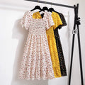 Spring Summer Chiffon Dress Women Midi Dressesfemale Short Sleeve Elastic Waist Printed Floral Pleated Backless Casual Dress