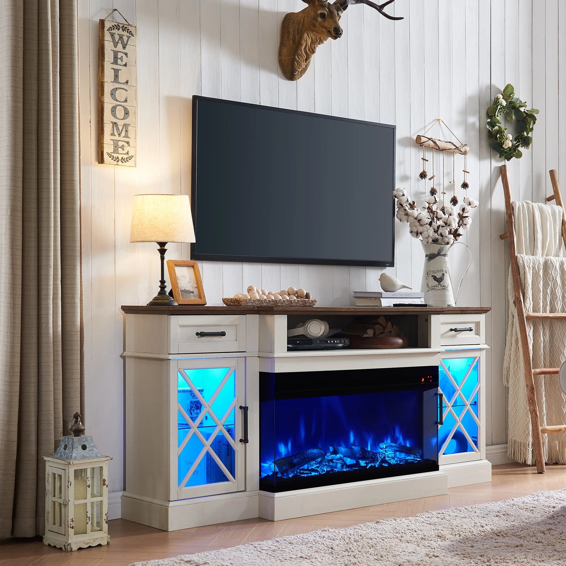 RusticFlame 70" 3-Sided Glass Farmhouse TV Stand with 36" Electric Fireplace for TVs up to 80
