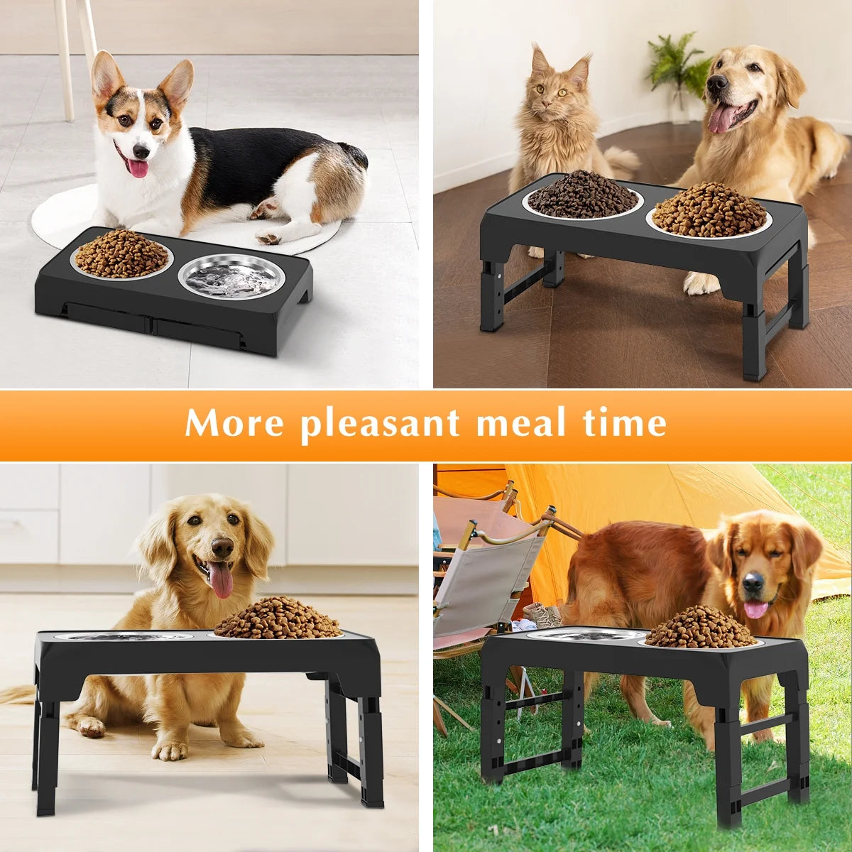 ElevatePro Adjustable Raised Dog Bowl Stand - 5 Heights with 2 Stainless Steel 42Oz Bowls for Dogs & Cats