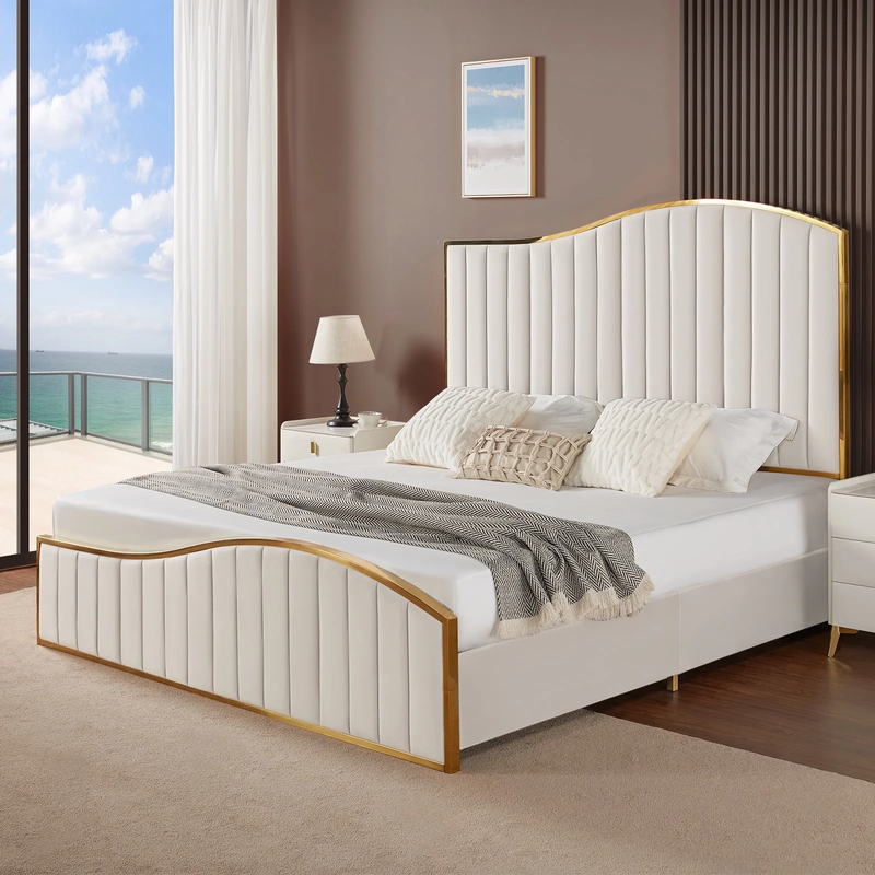Royal Elegance King Size Bed Frame - Vertical Channel Gold Trim Headboard & Footboard