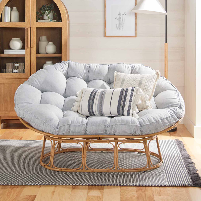 CozyNest Double Papasan Chair - Grey Linen Lounge Seating for Ultimate Comfort