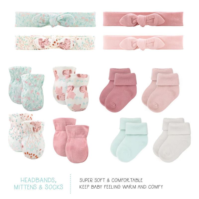 BlossomBaby Layette Set - 30-Piece Newborn Essentials, Pink Floral Elephant Theme, 0-3 Months Gift Bundle
