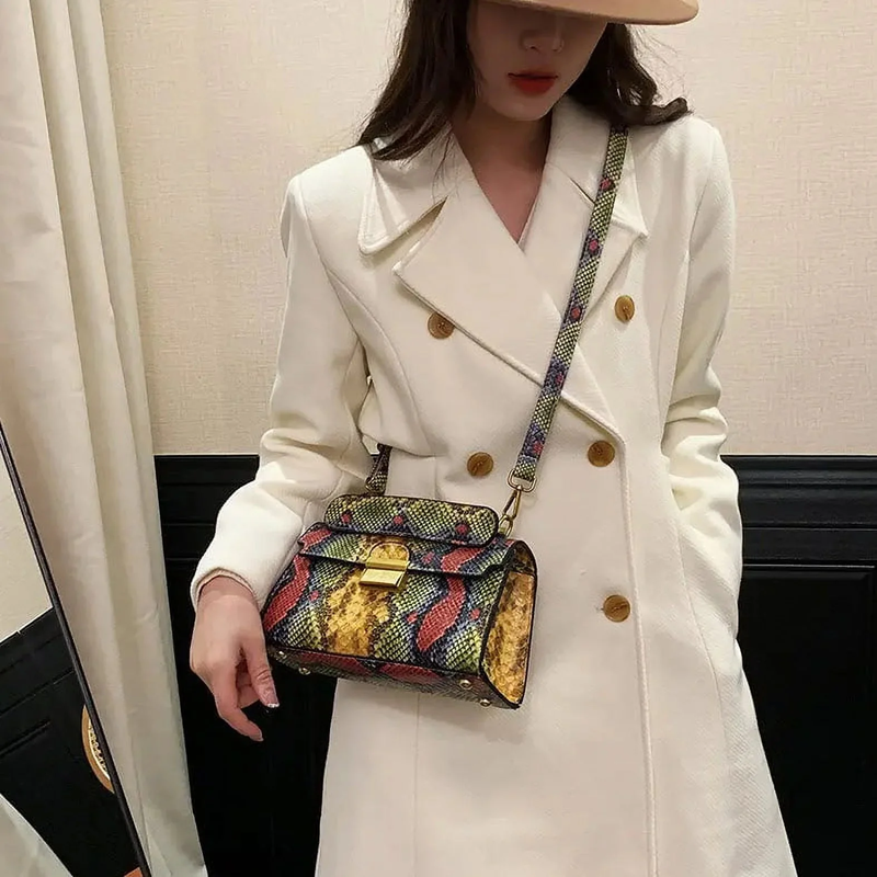 Serpentine Luxe - Women’s Snakeskin Leather Shoulder Bag, Small Square Clutch Purse, Designer Evening Handbag