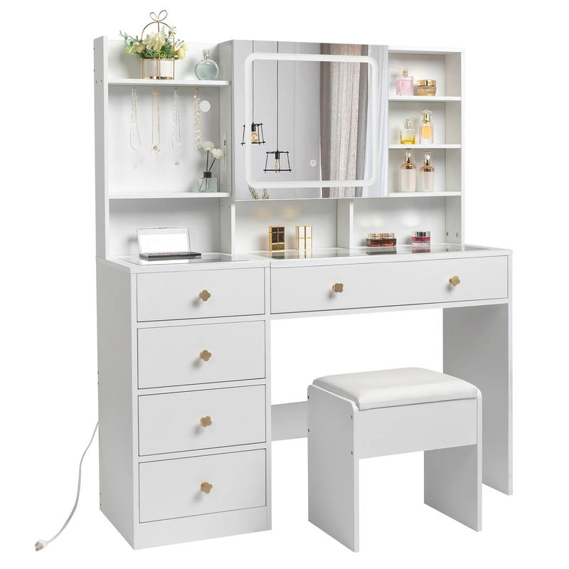 GlowGlam Vanity Desk - 47.2'' Makeup Table with 3 Color Lights, USB Charging, Hidden Storage & Drawers