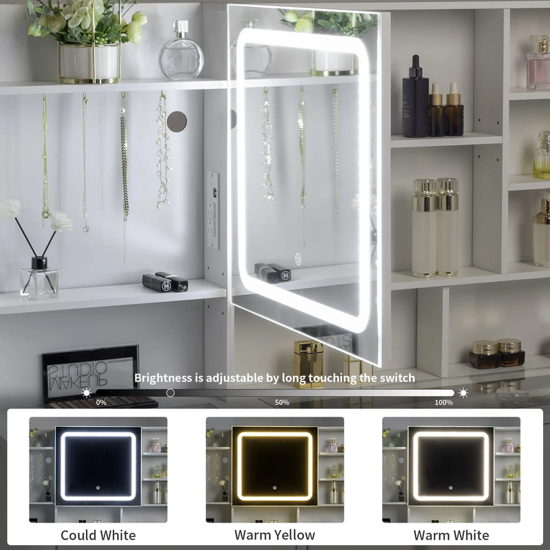 GlowGlam Vanity Desk - 47.2'' Makeup Table with 3 Color Lights, USB Charging, Hidden Storage & Drawers