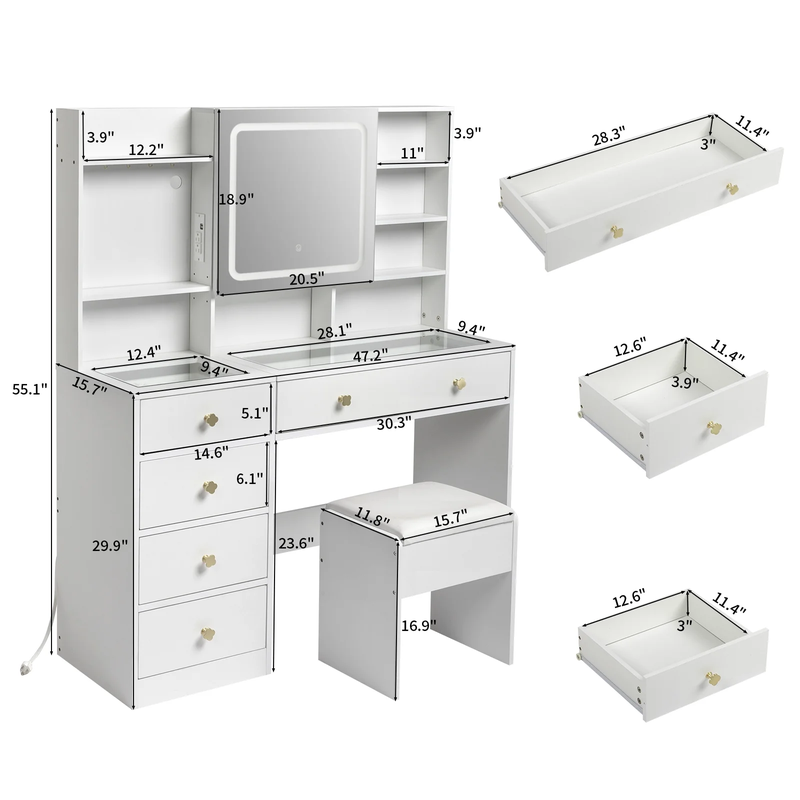 GlowGlam Vanity Desk - 47.2'' Makeup Table with 3 Color Lights, USB Charging, Hidden Storage & Drawers