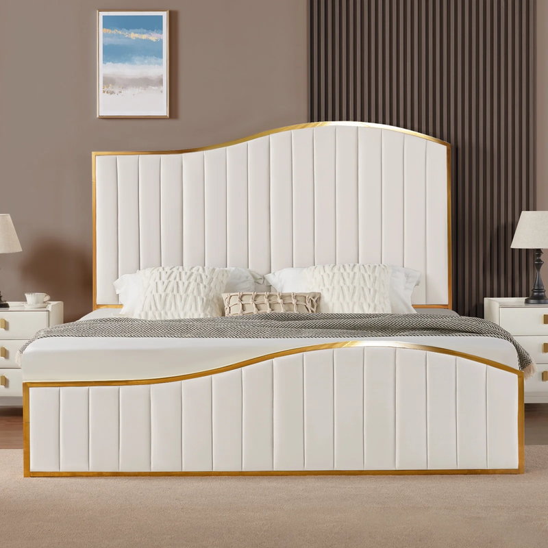 Royal Elegance King Size Bed Frame - Vertical Channel Gold Trim Headboard & Footboard