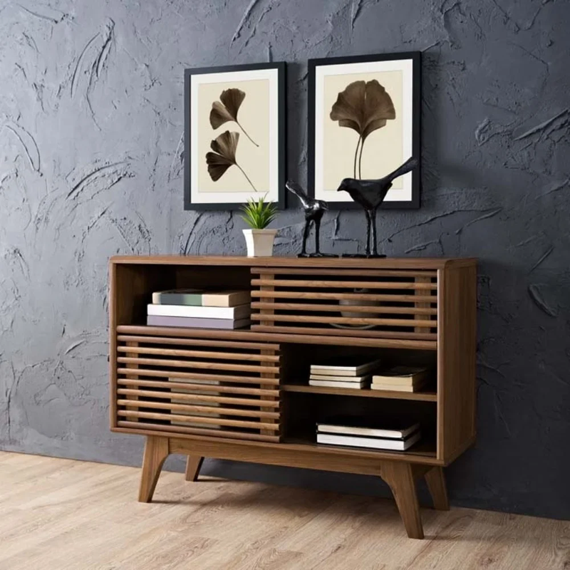 Render Display Stand - Modern Walnut Finish Particleboard Wood Shelving Unit for Stylish Home Storage