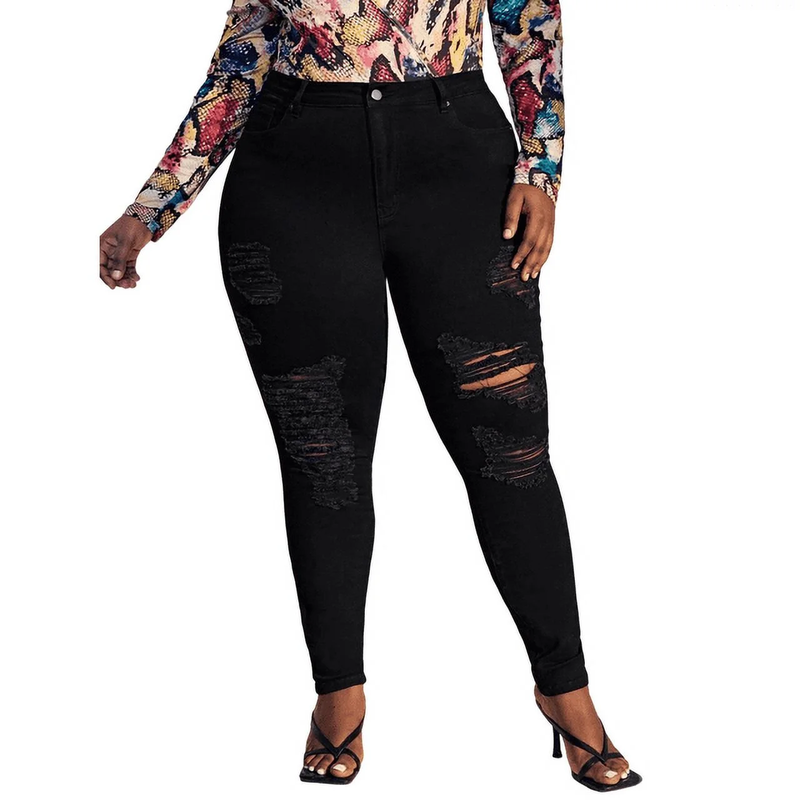 Pasion Studio Q Women's Super Plus Size Distressed Skinny Ripped Destroyed Denim Jeans - Sizes 14 to 34