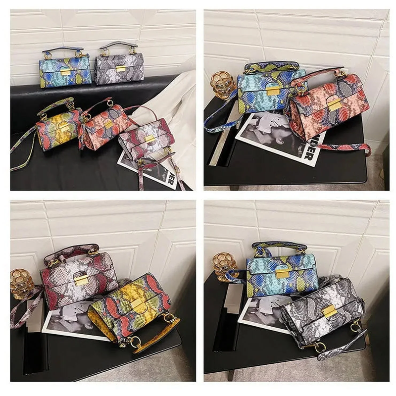 Serpentine Luxe - Women’s Snakeskin Leather Shoulder Bag, Small Square Clutch Purse, Designer Evening Handbag