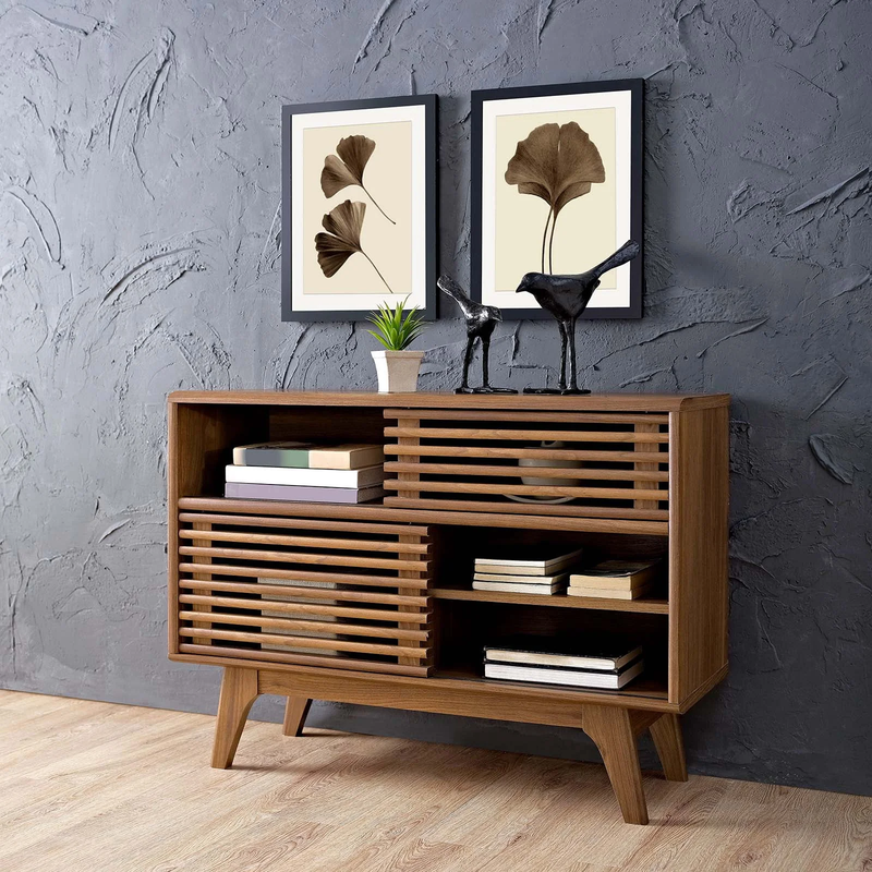 Render Display Stand - Modern Walnut Finish Particleboard Wood Shelving Unit for Stylish Home Storage