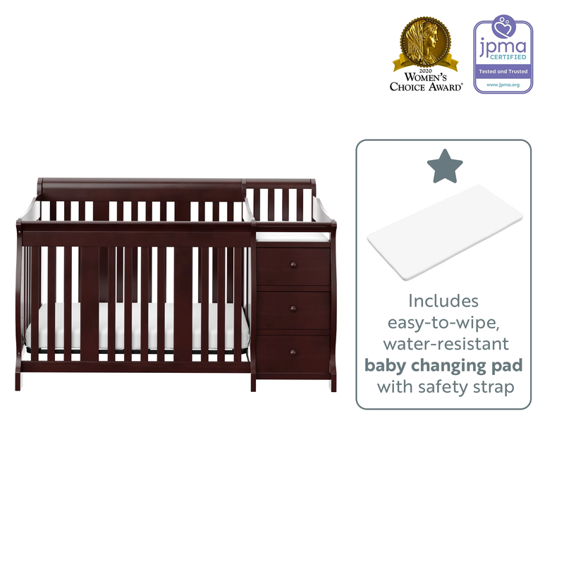 Portofino 5-in-1 Convertible Crib with Changer - Espresso Wood Finish Nursery Essential for Infants & Toddlers
