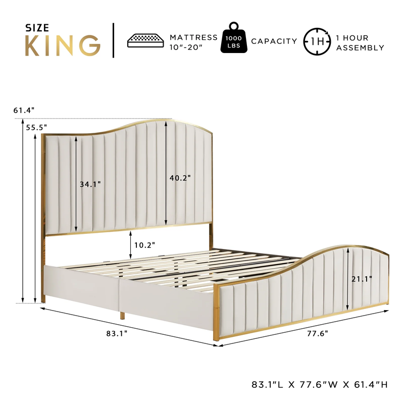 Royal Elegance King Size Bed Frame - Vertical Channel Gold Trim Headboard & Footboard