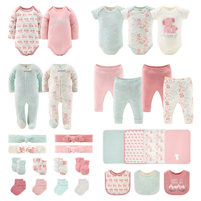 BlossomBaby Layette Set - 30-Piece Newborn Essentials, Pink Floral Elephant Theme, 0-3 Months Gift Bundle