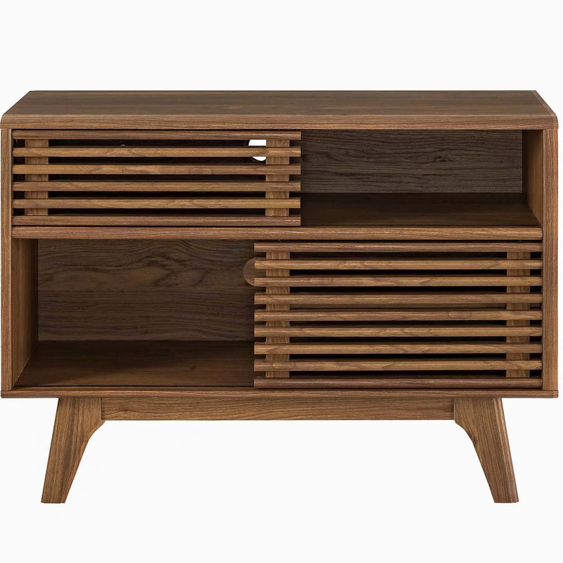 Render Display Stand - Modern Walnut Finish Particleboard Wood Shelving Unit for Stylish Home Storage