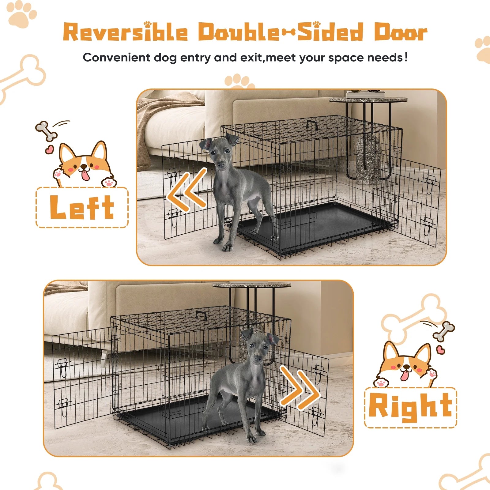 Small Dog Crate with Divider Panel, 24" Double Door Folding Metal Wire Dog Cage with Plastic Leak-Proof Pan Tray