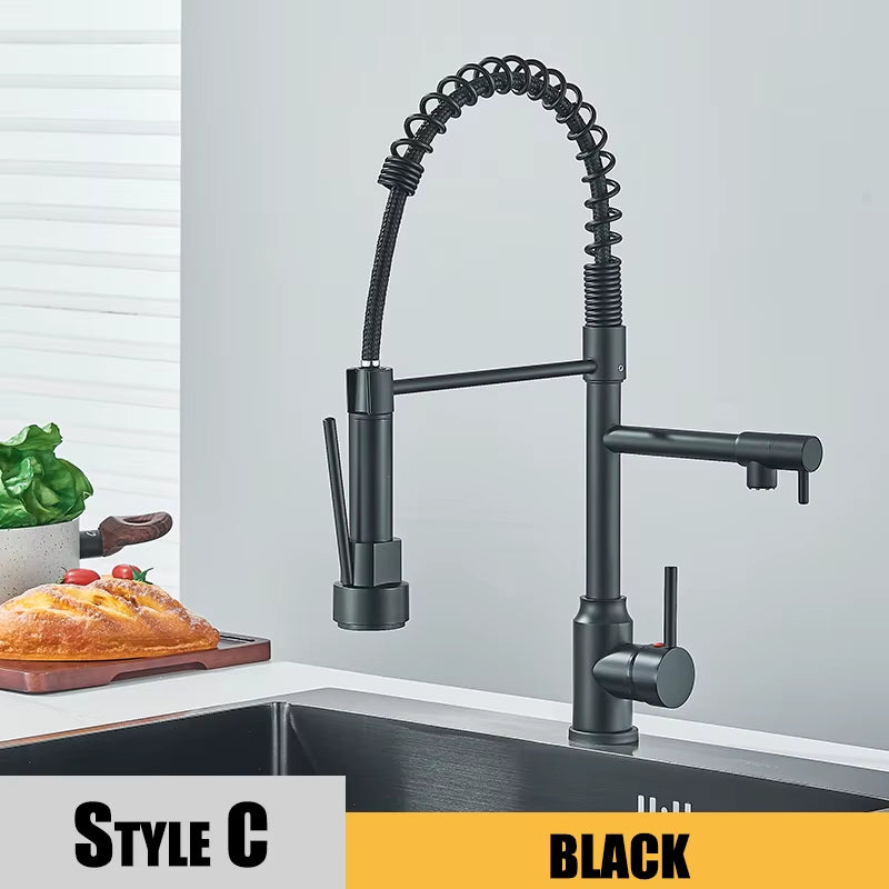 Black Kitchen Sink Faucet Pull down Hot and Cold Water Mixer2 Mode Tap with Dual Spout 360 Rotation Flexible Deck Mounted