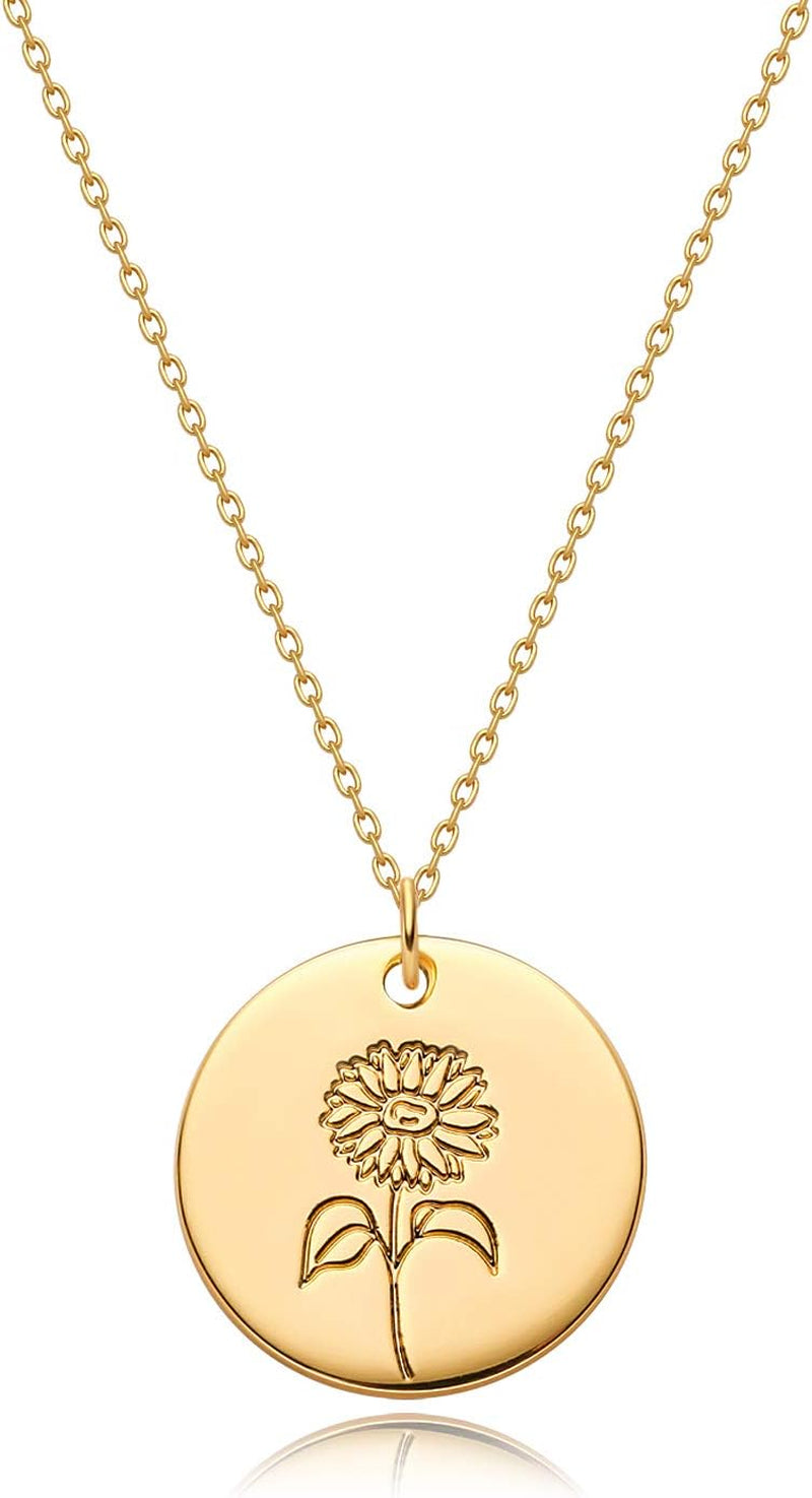 Women Birth Flower Necklace Gold Coin Engraved Disc 12 Month Flower Bouquet Pendant 14K Gold Plated Dainty Chain Personalized Floral Jewelry Birthday Gift