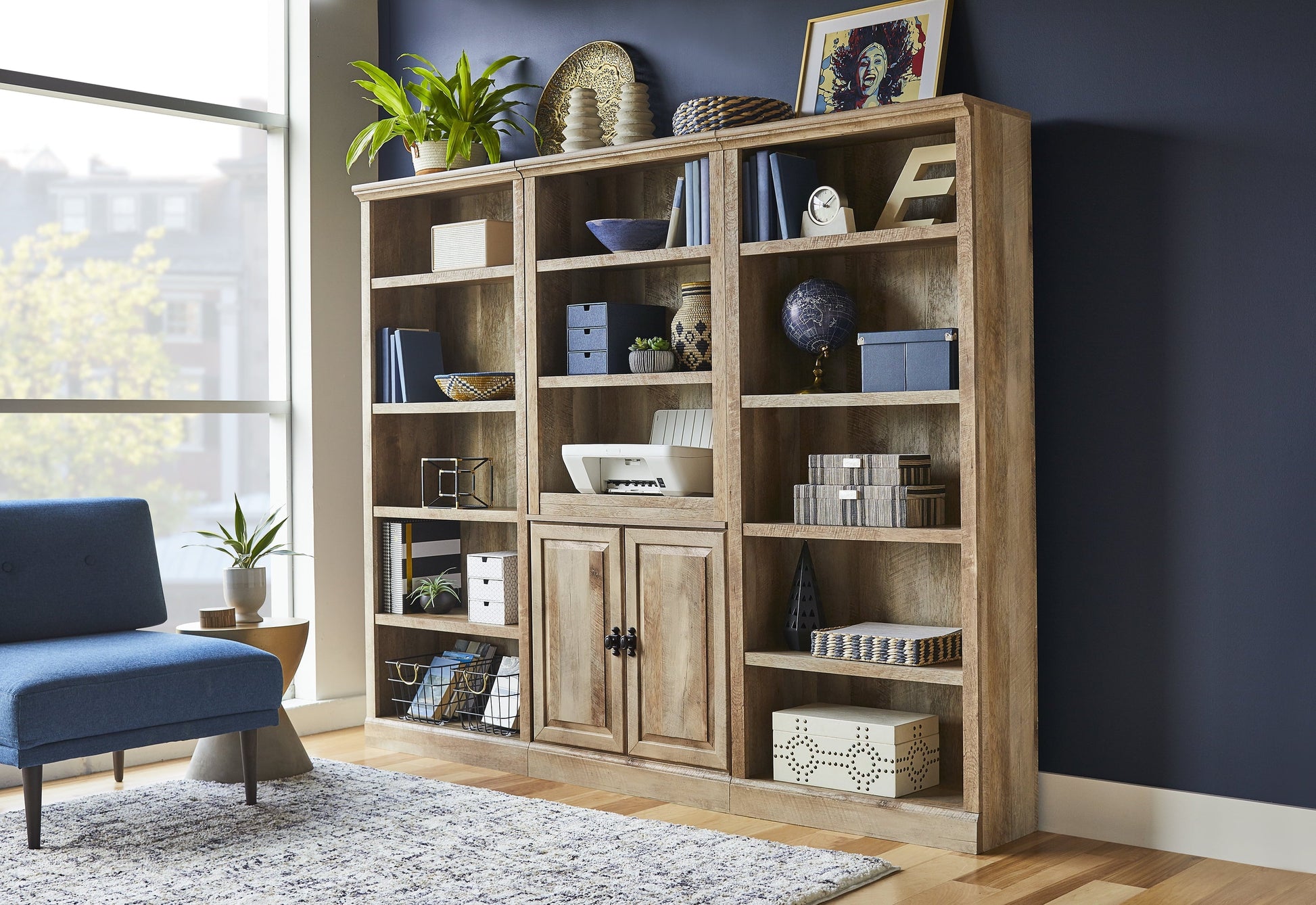 Crossmill 71" 5-Shelf Bookcase with Doors – Weathered Wood Finish, Stylish Storage Solution