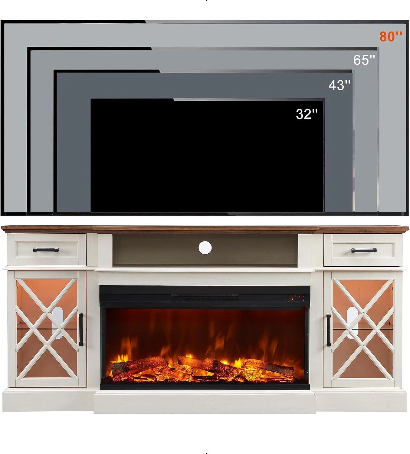 RusticFlame 70" 3-Sided Glass Farmhouse TV Stand with 36" Electric Fireplace for TVs up to 80