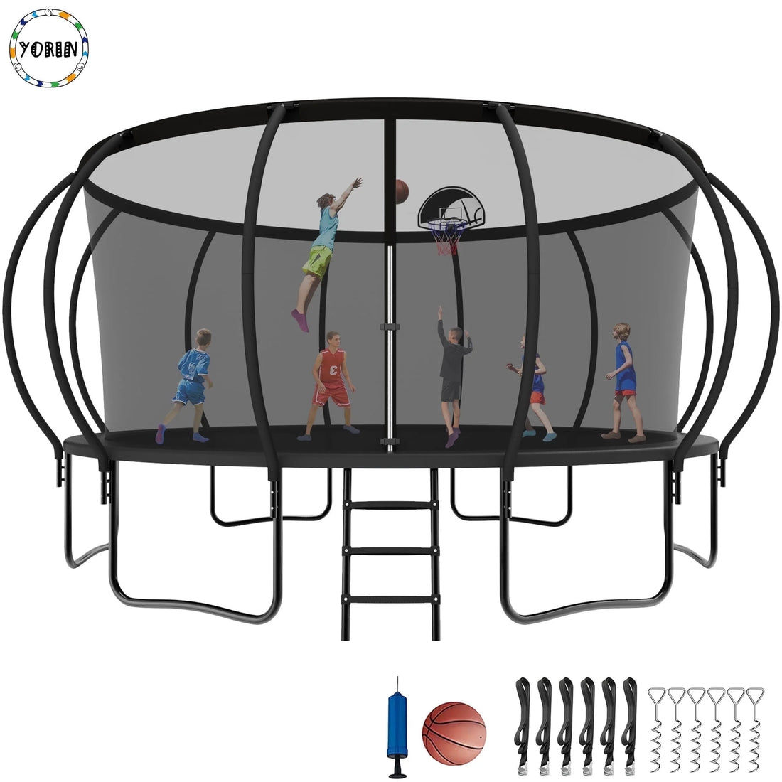 JumpMaster 16FT Trampoline - Heavy Duty with Enclosure, Basketball Hoop & Ladder for Kids & Adults