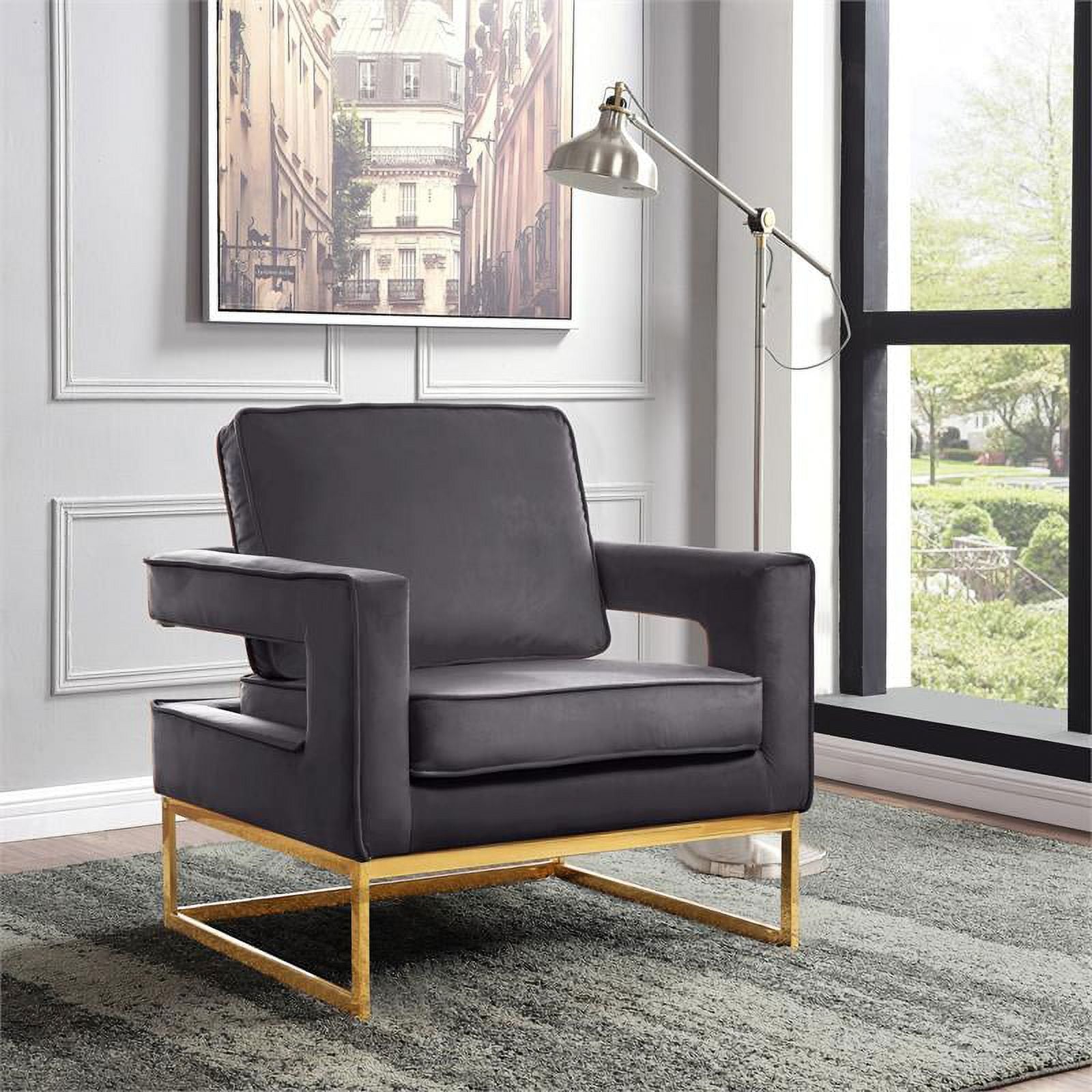 OpulentNoah Gray Velvet Accent Chair - Luxurious Gold Iron Base for Modern Living Space