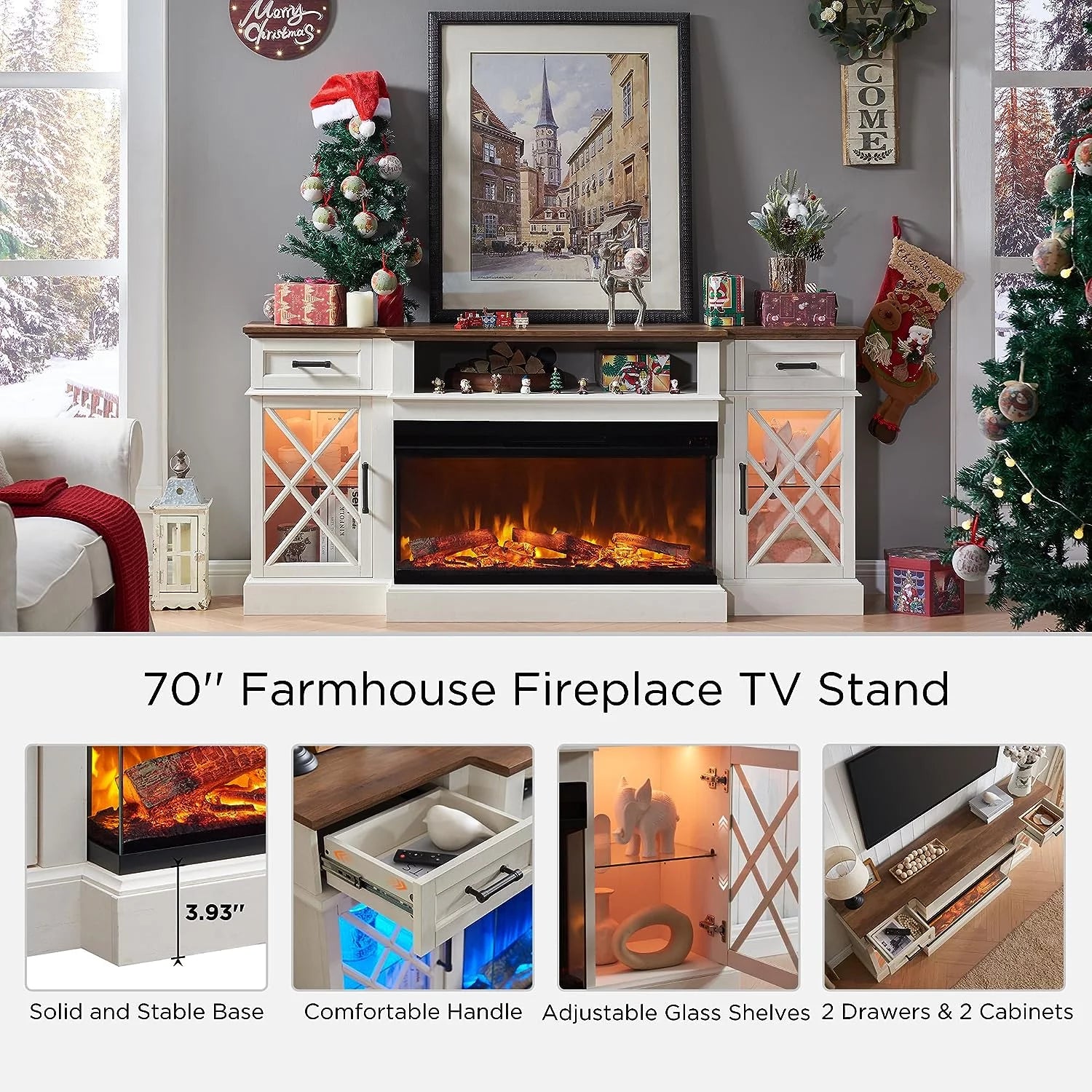 RusticFlame 70" 3-Sided Glass Farmhouse TV Stand with 36" Electric Fireplace for TVs up to 80